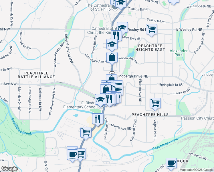 map of restaurants, bars, coffee shops, grocery stores, and more near 2440 Peachtree Road in Atlanta
