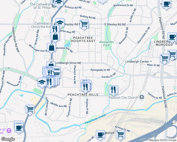 map of restaurants, bars, coffee shops, grocery stores, and more near 207 Springdale Drive Northeast in Atlanta