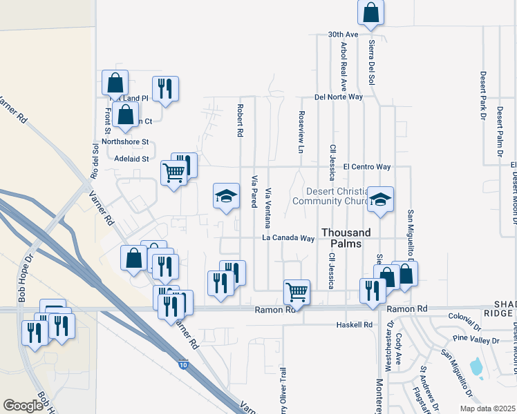 map of restaurants, bars, coffee shops, grocery stores, and more near 31243 Vía Ventana in Thousand Palms