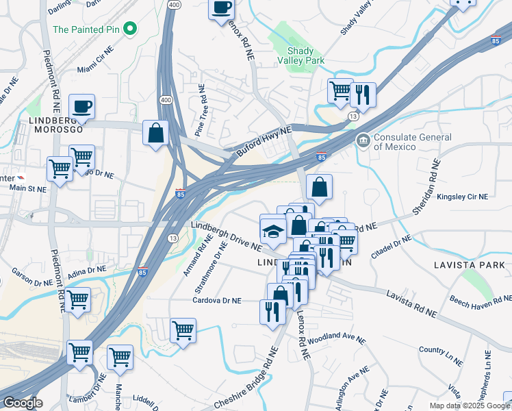 map of restaurants, bars, coffee shops, grocery stores, and more near 1031 Lindridge Drive Northeast in Atlanta