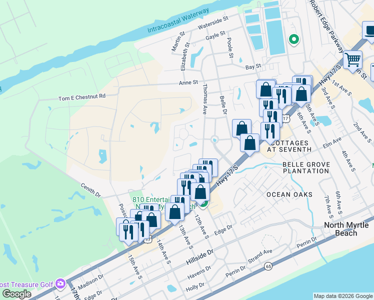 map of restaurants, bars, coffee shops, grocery stores, and more near 913 Thomas Avenue in North Myrtle Beach