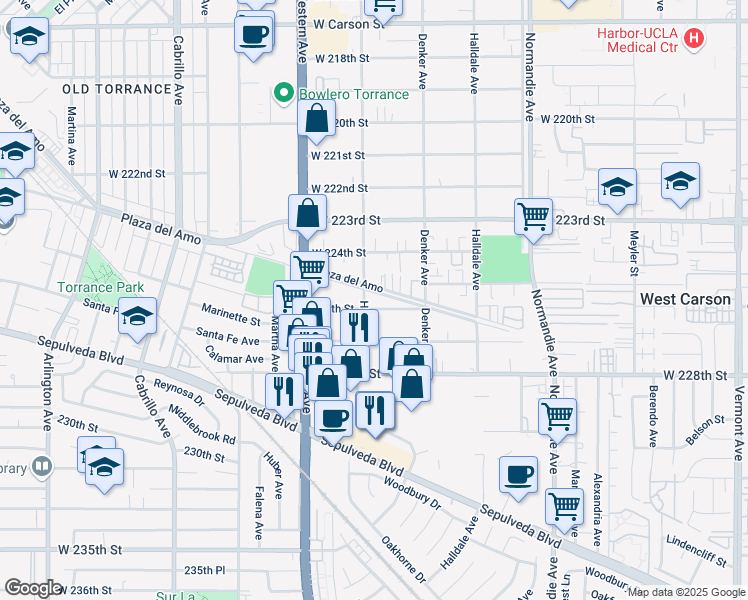 map of restaurants, bars, coffee shops, grocery stores, and more near 22503 Harvard Boulevard in Torrance