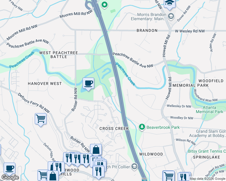map of restaurants, bars, coffee shops, grocery stores, and more near 122 Elysian Way Northwest in Atlanta