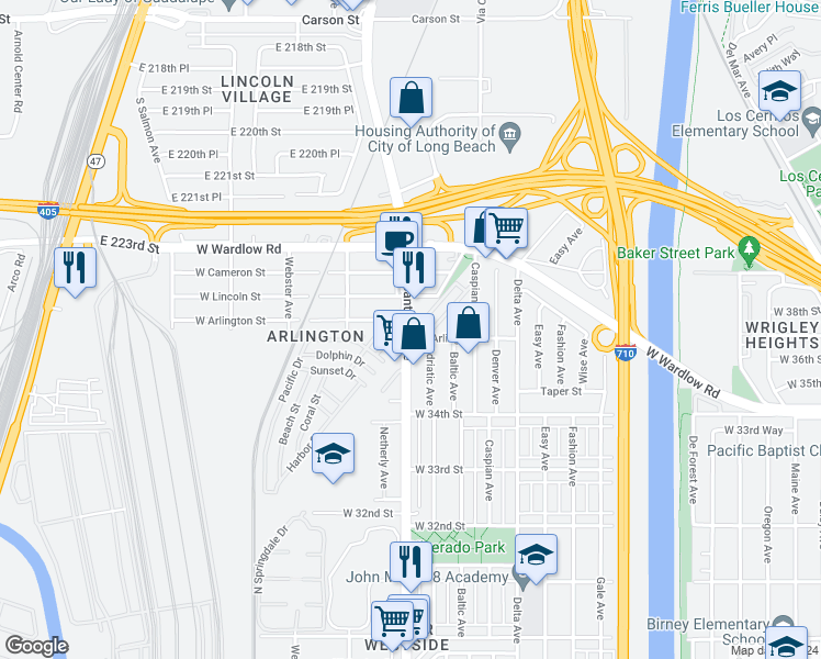 map of restaurants, bars, coffee shops, grocery stores, and more near 3610 Santa Fe Avenue in Long Beach