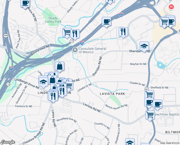map of restaurants, bars, coffee shops, grocery stores, and more near 1411 Brookvalley Lane in Atlanta