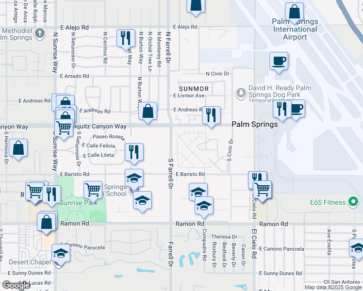 map of restaurants, bars, coffee shops, grocery stores, and more near 131 Vibe Way in Palm Springs