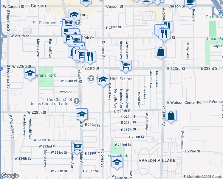 map of restaurants, bars, coffee shops, grocery stores, and more near 22522 Catskill Avenue in Carson