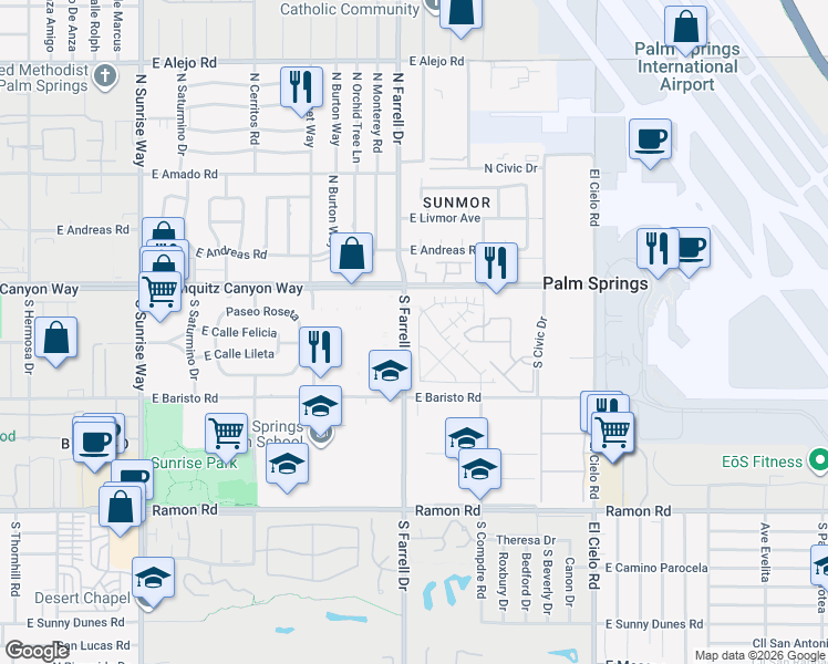map of restaurants, bars, coffee shops, grocery stores, and more near 141 East Paseo Florido in Palm Springs