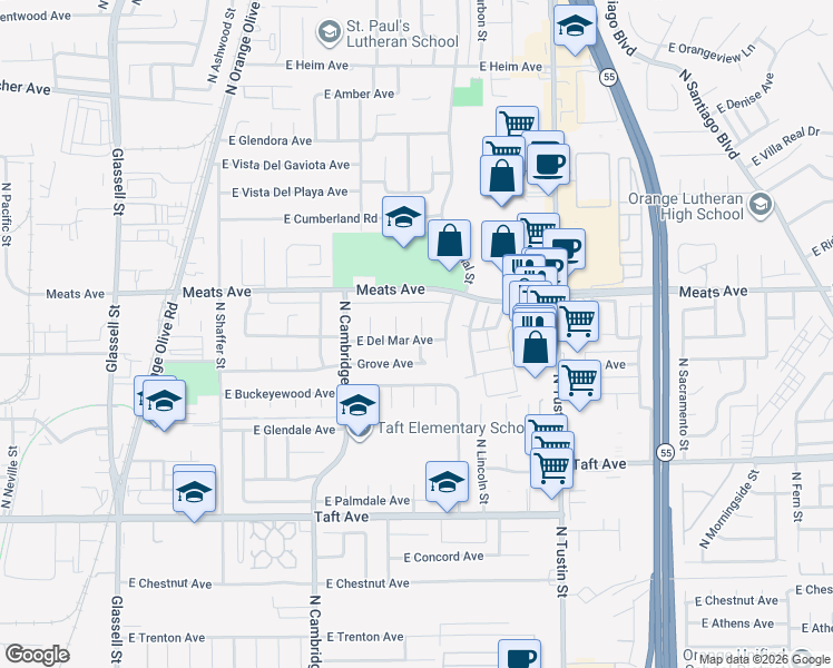 map of restaurants, bars, coffee shops, grocery stores, and more near 2024 North Lindenholz Street in Orange