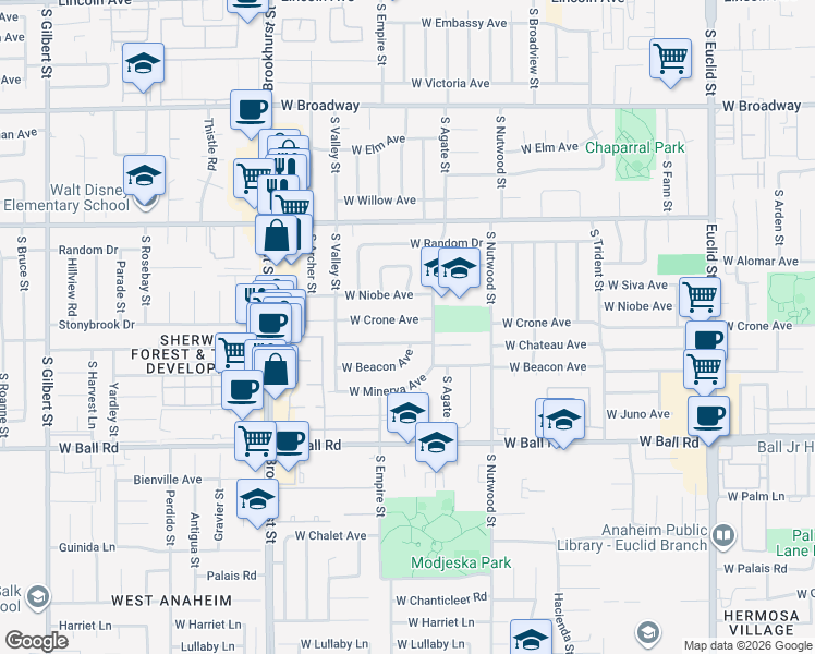 map of restaurants, bars, coffee shops, grocery stores, and more near 2029 West Crone Avenue in Anaheim