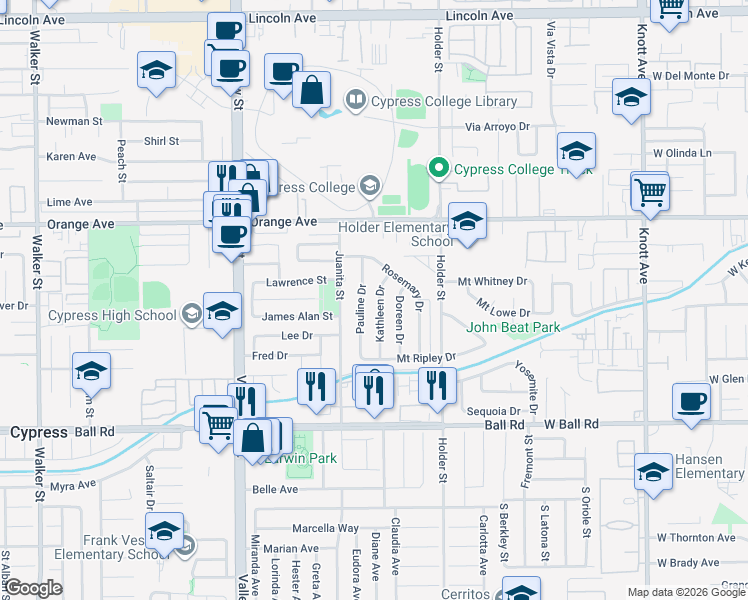 map of restaurants, bars, coffee shops, grocery stores, and more near 9669 Pauline Drive in Cypress