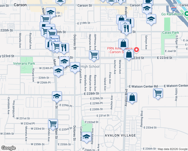 map of restaurants, bars, coffee shops, grocery stores, and more near 22508 Ravenna Avenue in Carson