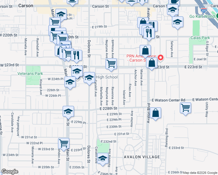 map of restaurants, bars, coffee shops, grocery stores, and more near 22508 Ravenna Avenue in Carson