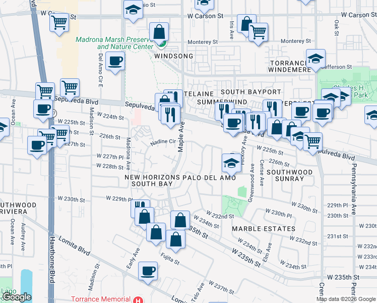 map of restaurants, bars, coffee shops, grocery stores, and more near 22609 Felbar Avenue in Torrance