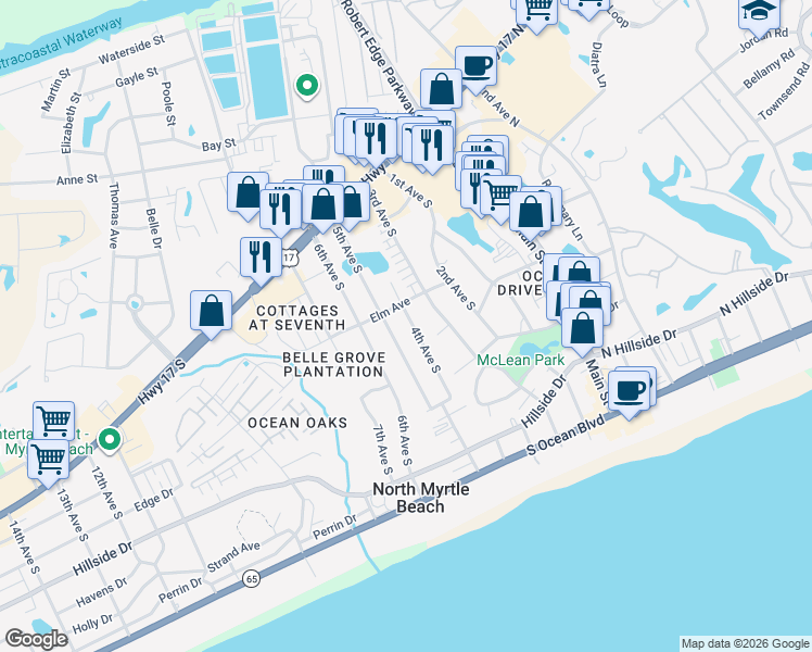 map of restaurants, bars, coffee shops, grocery stores, and more near 509 4th Avenue South in North Myrtle Beach