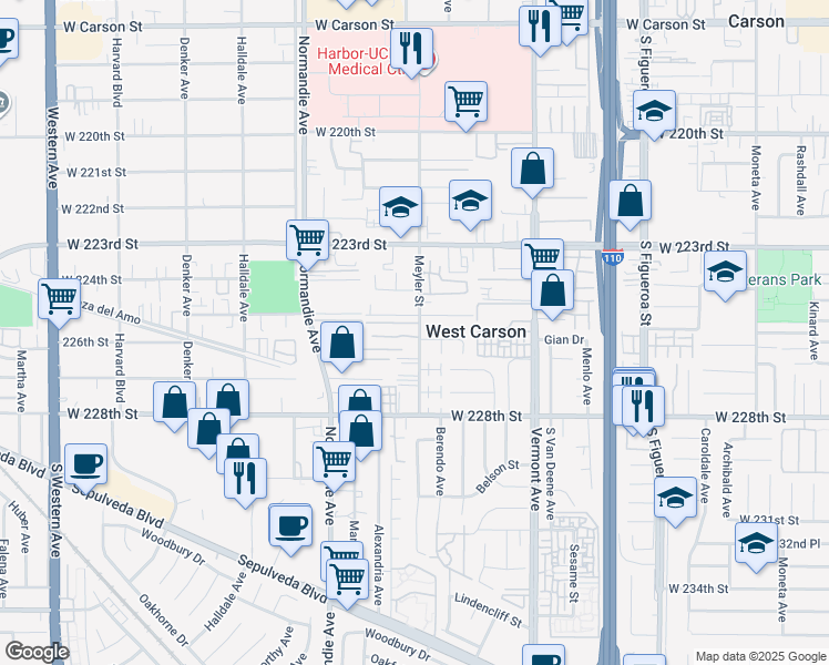 map of restaurants, bars, coffee shops, grocery stores, and more near 1052 West 225th Street in Torrance
