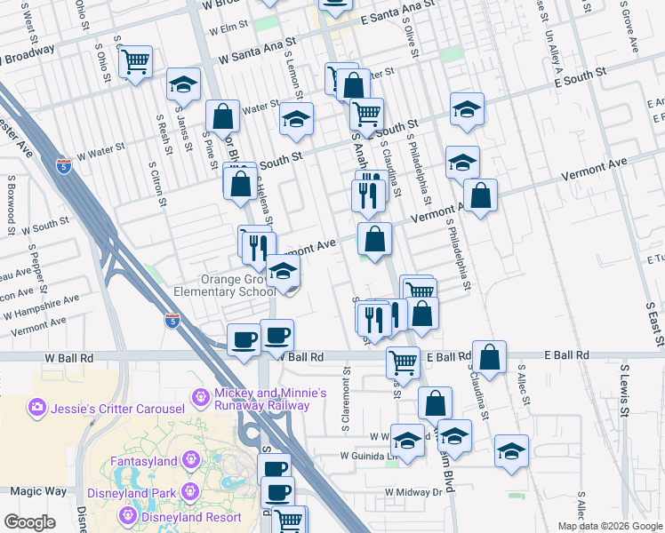 map of restaurants, bars, coffee shops, grocery stores, and more near 905 South Lemon Street in Anaheim