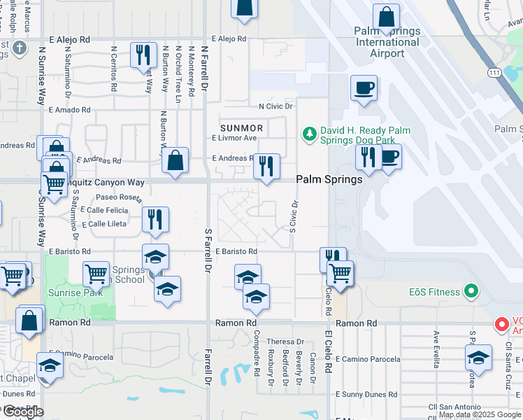 map of restaurants, bars, coffee shops, grocery stores, and more near 214 South Louella Road in Palm Springs