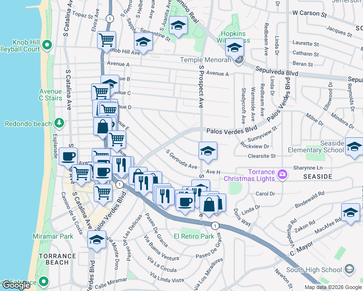 map of restaurants, bars, coffee shops, grocery stores, and more near 1305 South Irena Avenue in Redondo Beach