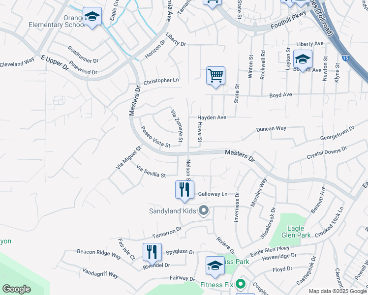 map of restaurants, bars, coffee shops, grocery stores, and more near 3887 Via Zumaya Street in Corona