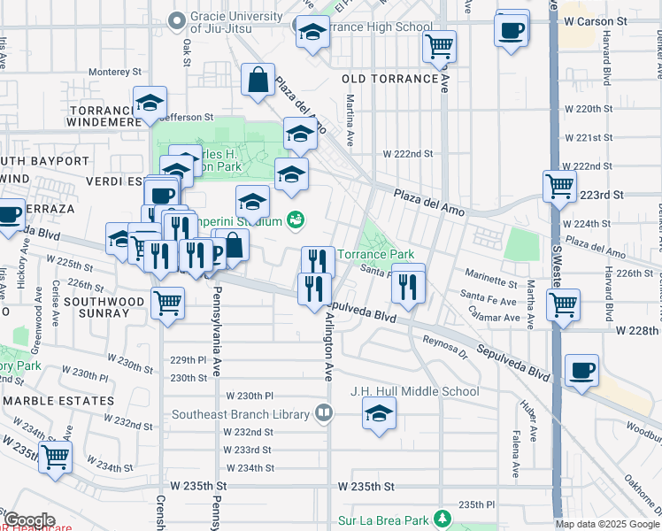 map of restaurants, bars, coffee shops, grocery stores, and more near 2072 Santa Fe Avenue in Torrance