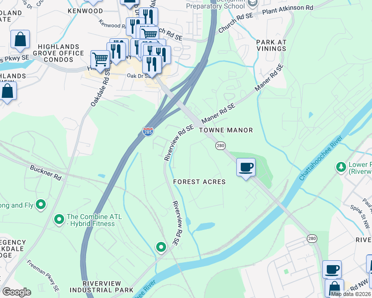 map of restaurants, bars, coffee shops, grocery stores, and more near 2324 Elmwood Circle Southeast in Smyrna
