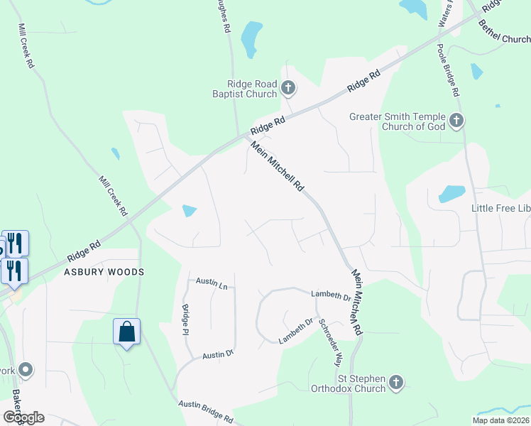 map of restaurants, bars, coffee shops, grocery stores, and more near 111 Misty Ridge Place in Hiram