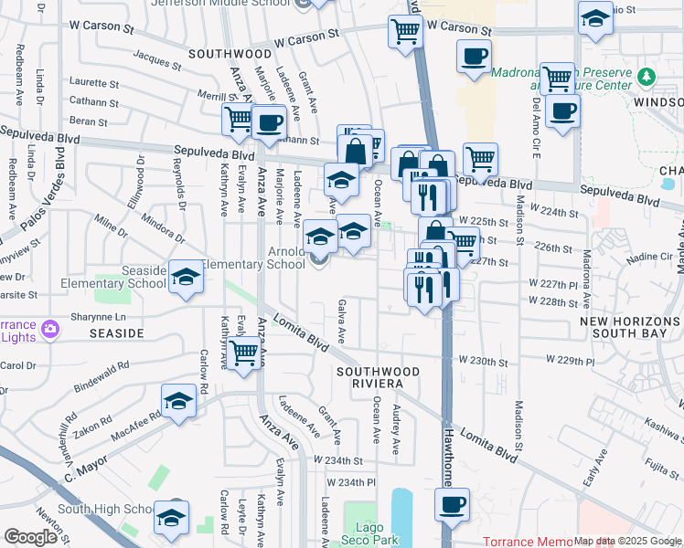 map of restaurants, bars, coffee shops, grocery stores, and more near 4100 West 227th Street in Torrance