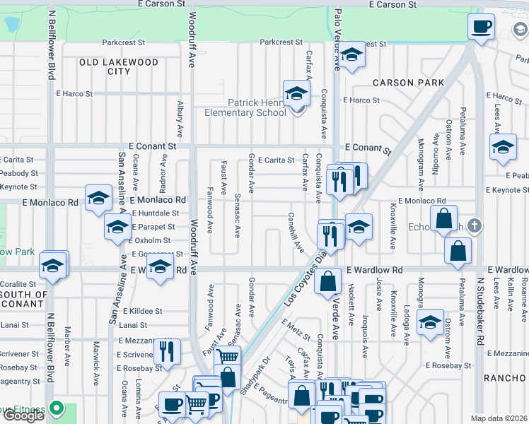 map of restaurants, bars, coffee shops, grocery stores, and more near 6121 East Huntdale Street in Long Beach