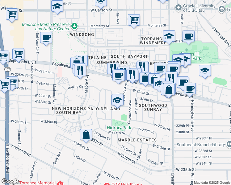 map of restaurants, bars, coffee shops, grocery stores, and more near 22601 Iris Avenue in Torrance