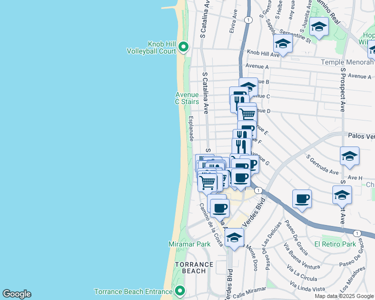 map of restaurants, bars, coffee shops, grocery stores, and more near 1409 Esplanade in Redondo Beach