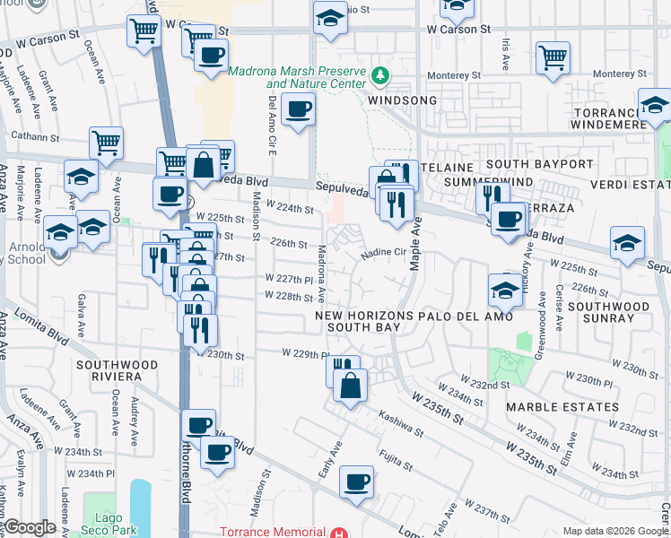 map of restaurants, bars, coffee shops, grocery stores, and more near in Torrance