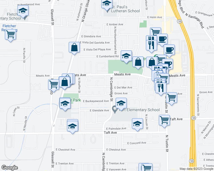 map of restaurants, bars, coffee shops, grocery stores, and more near 2025 North Chouteau Street in Orange