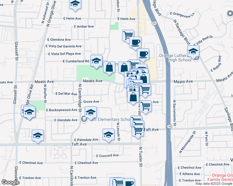 map of restaurants, bars, coffee shops, grocery stores, and more near 2076 North Nordic Street in Orange