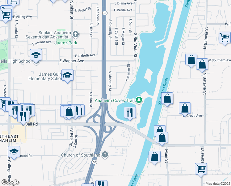map of restaurants, bars, coffee shops, grocery stores, and more near 2730 East Paladin Court in Anaheim
