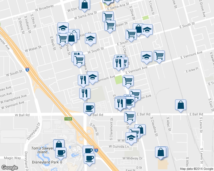 map of restaurants, bars, coffee shops, grocery stores, and more near 905 South Lemon Street in Anaheim