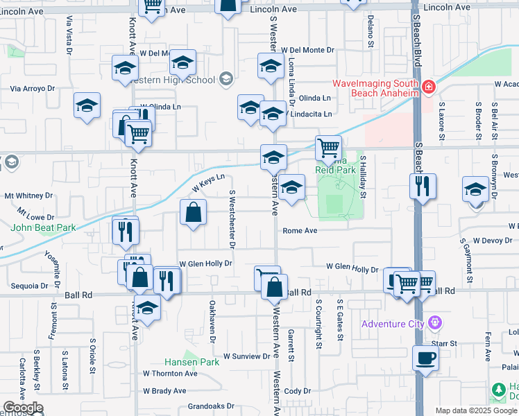 map of restaurants, bars, coffee shops, grocery stores, and more near 3224 Stonybrook Drive in Anaheim
