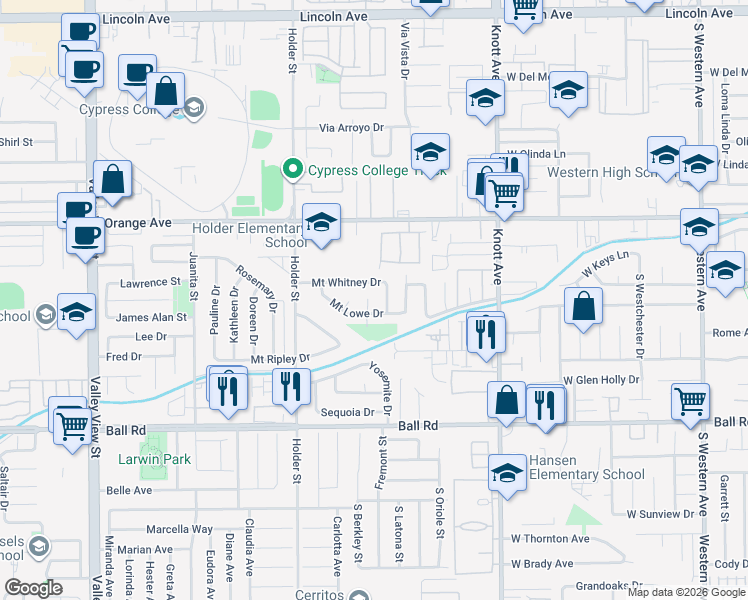 map of restaurants, bars, coffee shops, grocery stores, and more near 6746 Mount Whitney Drive in Buena Park