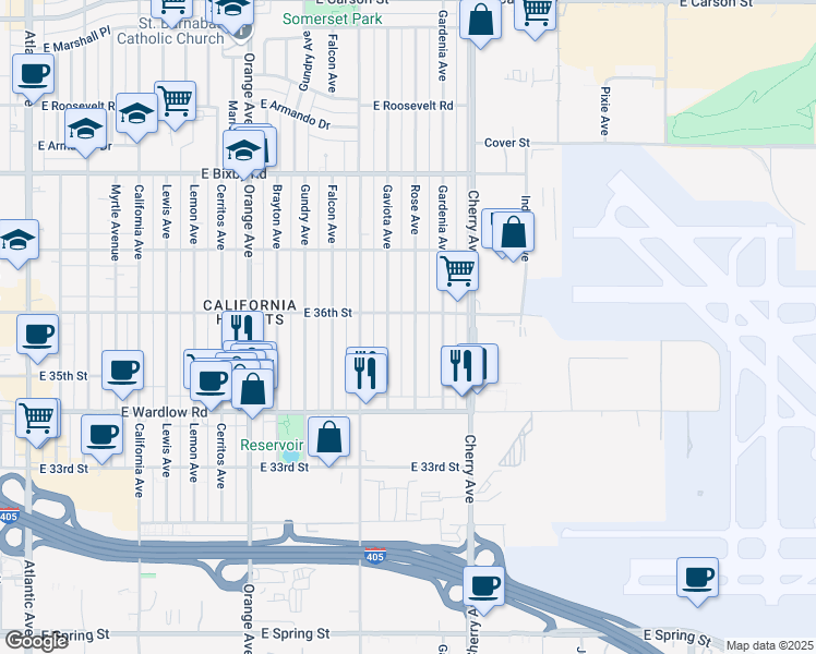 map of restaurants, bars, coffee shops, grocery stores, and more near 3591 Rose Avenue in Long Beach
