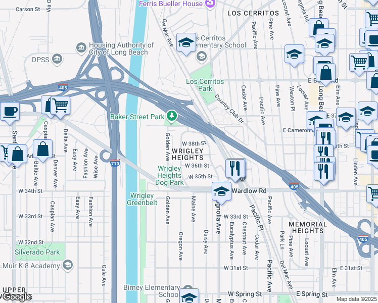 map of restaurants, bars, coffee shops, grocery stores, and more near 524 West 38th Street in Long Beach