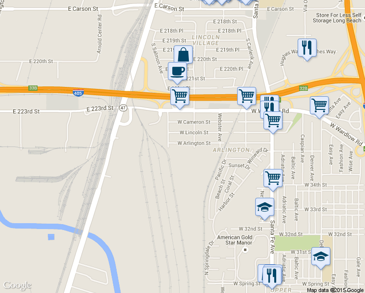 map of restaurants, bars, coffee shops, grocery stores, and more near 2425 West Arlington Street in Long Beach
