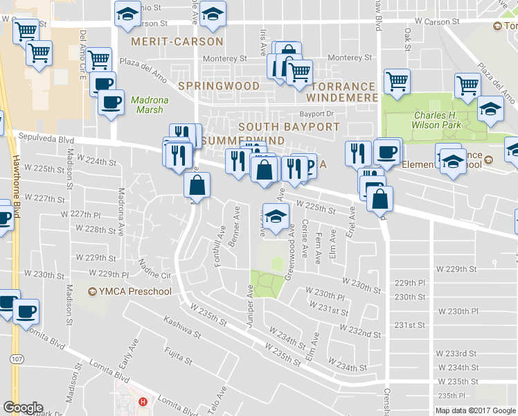 map of restaurants, bars, coffee shops, grocery stores, and more near 22601 Iris Avenue in Torrance