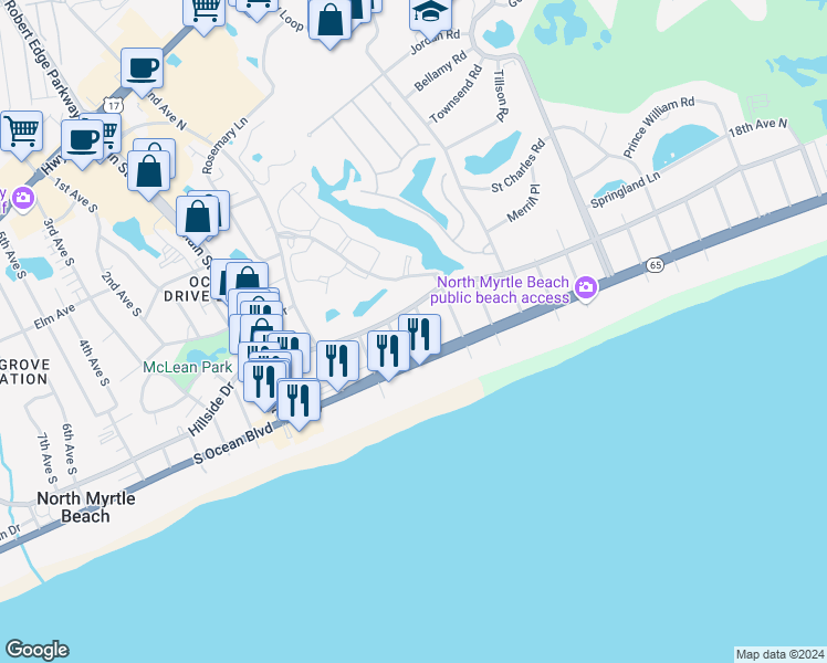 map of restaurants, bars, coffee shops, grocery stores, and more near 212 4th Avenue North in North Myrtle Beach