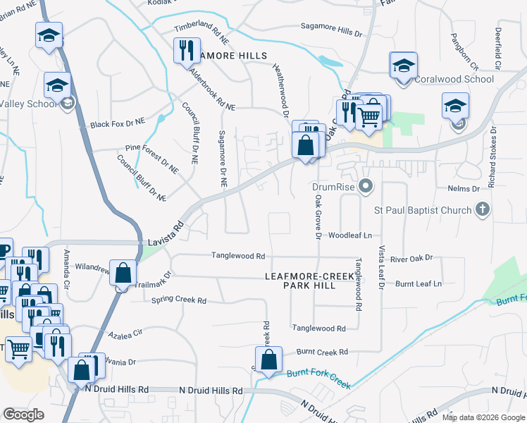 map of restaurants, bars, coffee shops, grocery stores, and more near 1406 Knollwood Terrace in Decatur