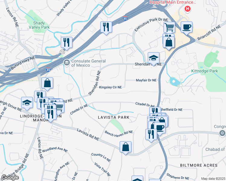 map of restaurants, bars, coffee shops, grocery stores, and more near 1175 Kingsley Circle Northeast in Atlanta