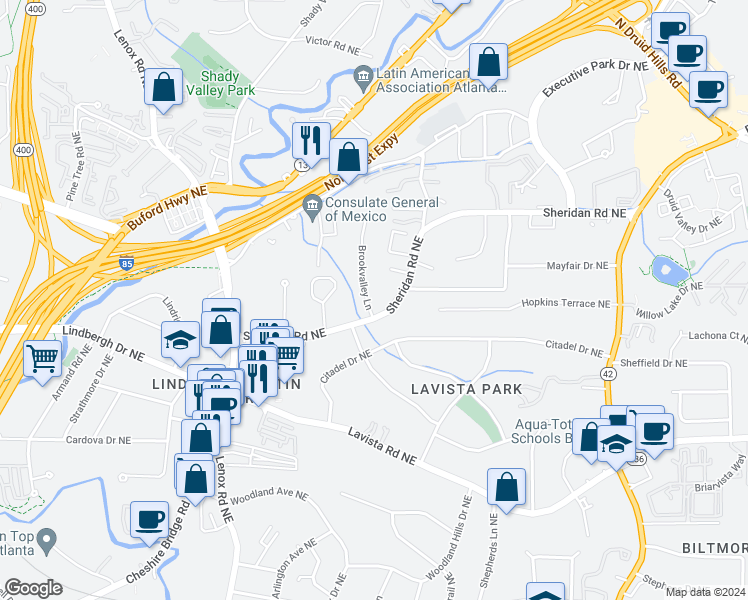 map of restaurants, bars, coffee shops, grocery stores, and more near 1411 Brookvalley Lane in Atlanta
