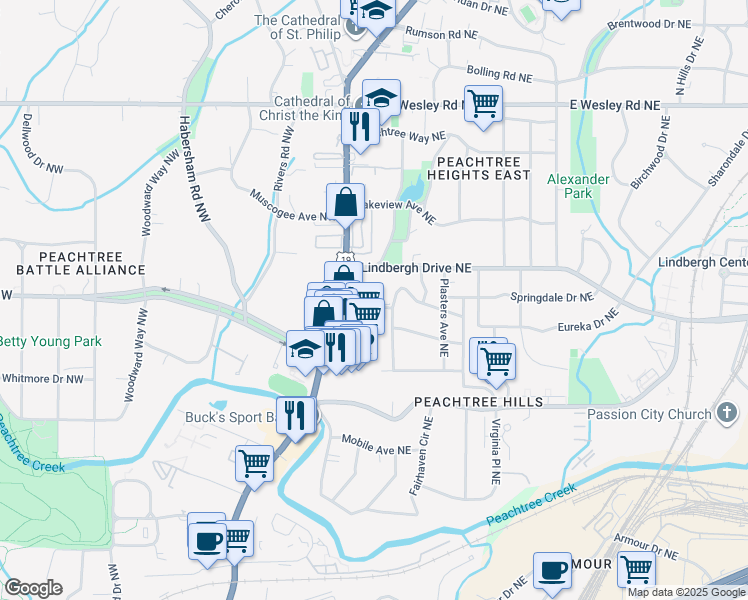map of restaurants, bars, coffee shops, grocery stores, and more near 2467 Peachtree Road in Atlanta