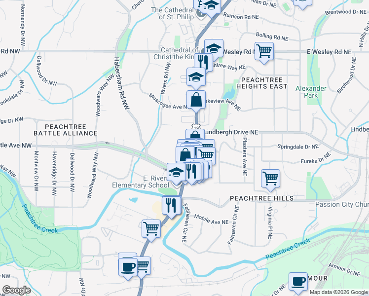 map of restaurants, bars, coffee shops, grocery stores, and more near 2440 Peachtree Road Northwest in Atlanta
