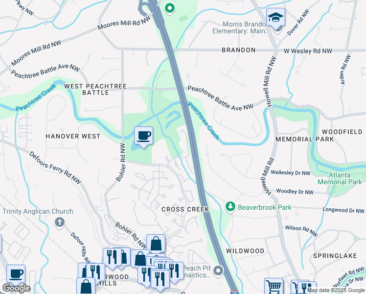 map of restaurants, bars, coffee shops, grocery stores, and more near 151 Elysian Way Northwest in Atlanta
