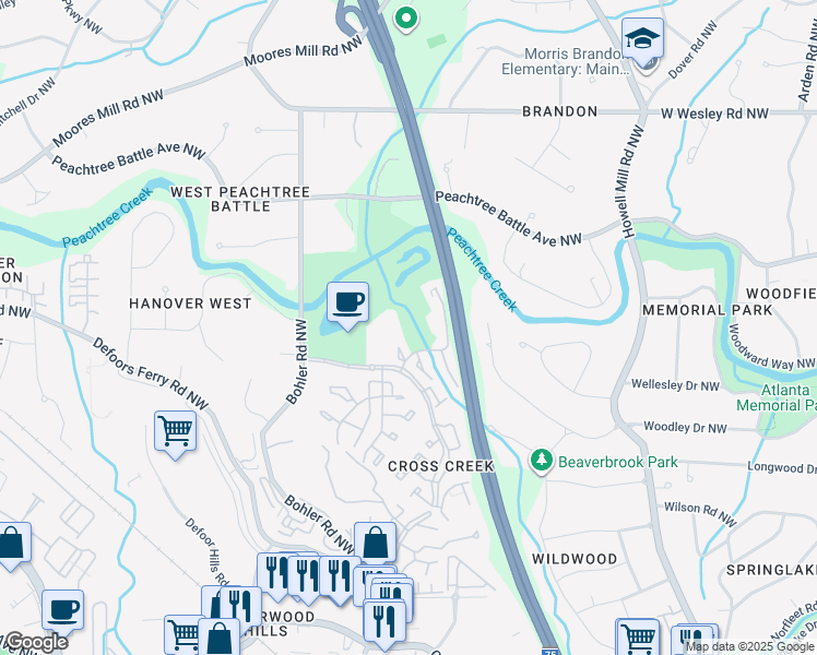 map of restaurants, bars, coffee shops, grocery stores, and more near 146 Elysian Way Northwest in Atlanta